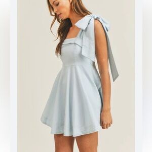 Mable Bow Tie Ribbon Strap Linen Blend Light Blue Sleeveless Flare Mini Dress M